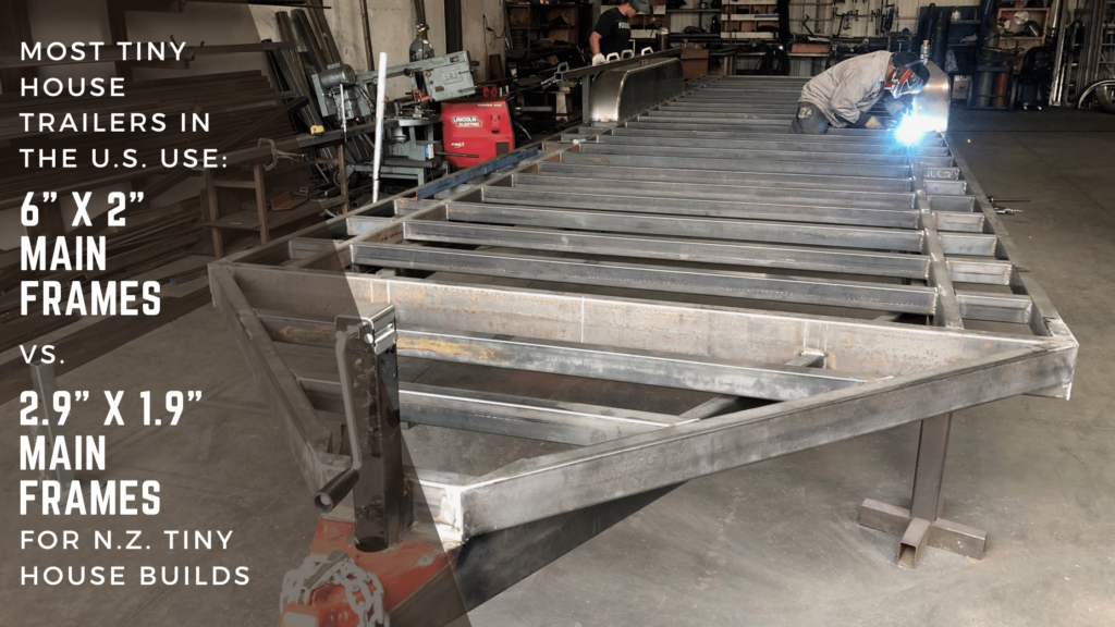a photograph of a tiny house trailer in the fabrication bay being build